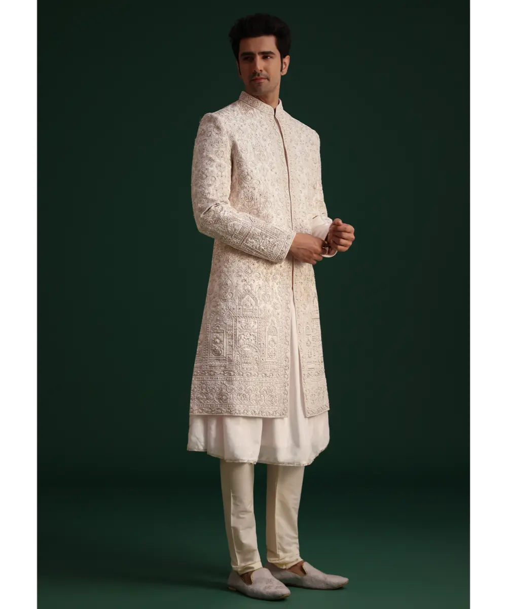 KALKI - Pink Silk Threadwork Sherwani Set With Anarkali Kurta