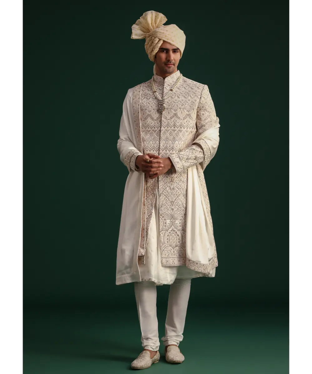 KALKI - Off White Silk Threadwork Sherwani Suit With Dupatta And Mala
