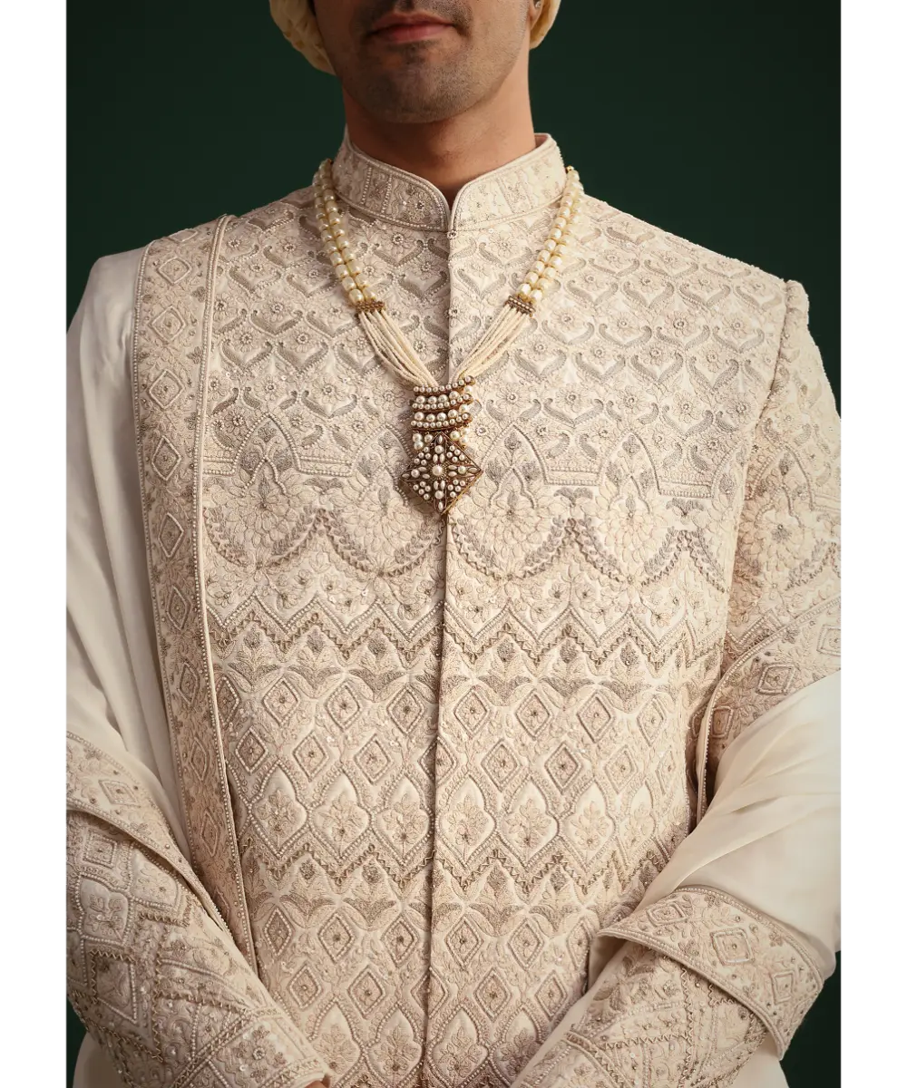 KALKI - Off White Silk Threadwork Sherwani Suit With Dupatta And Mala