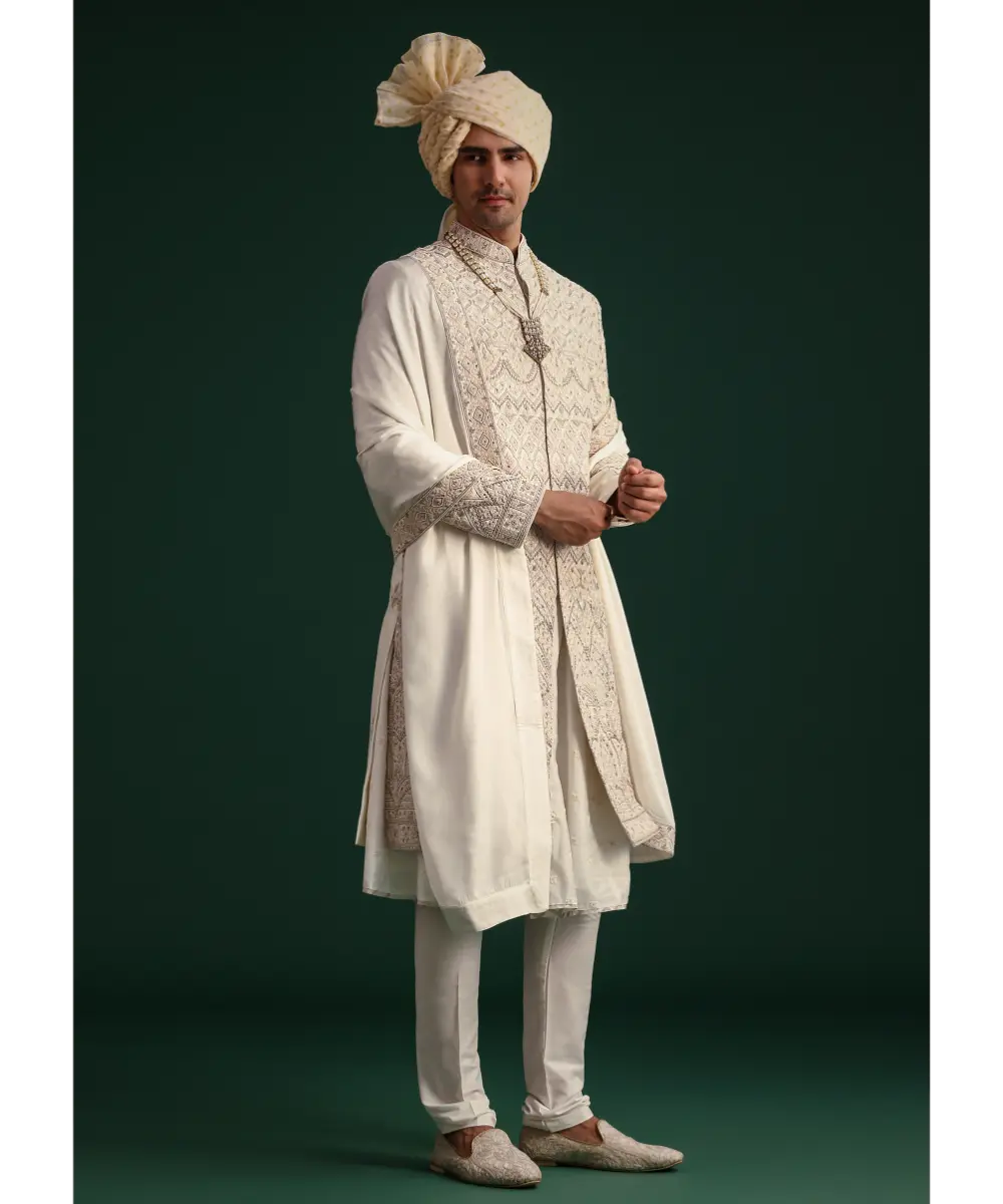 KALKI - Off White Silk Threadwork Sherwani Suit With Dupatta And Mala