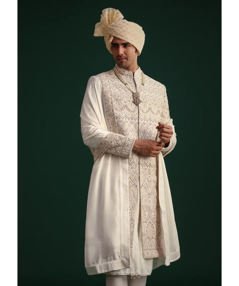 KALKI - Off White Silk Threadwork Sherwani Suit With Dupatta And Mala
