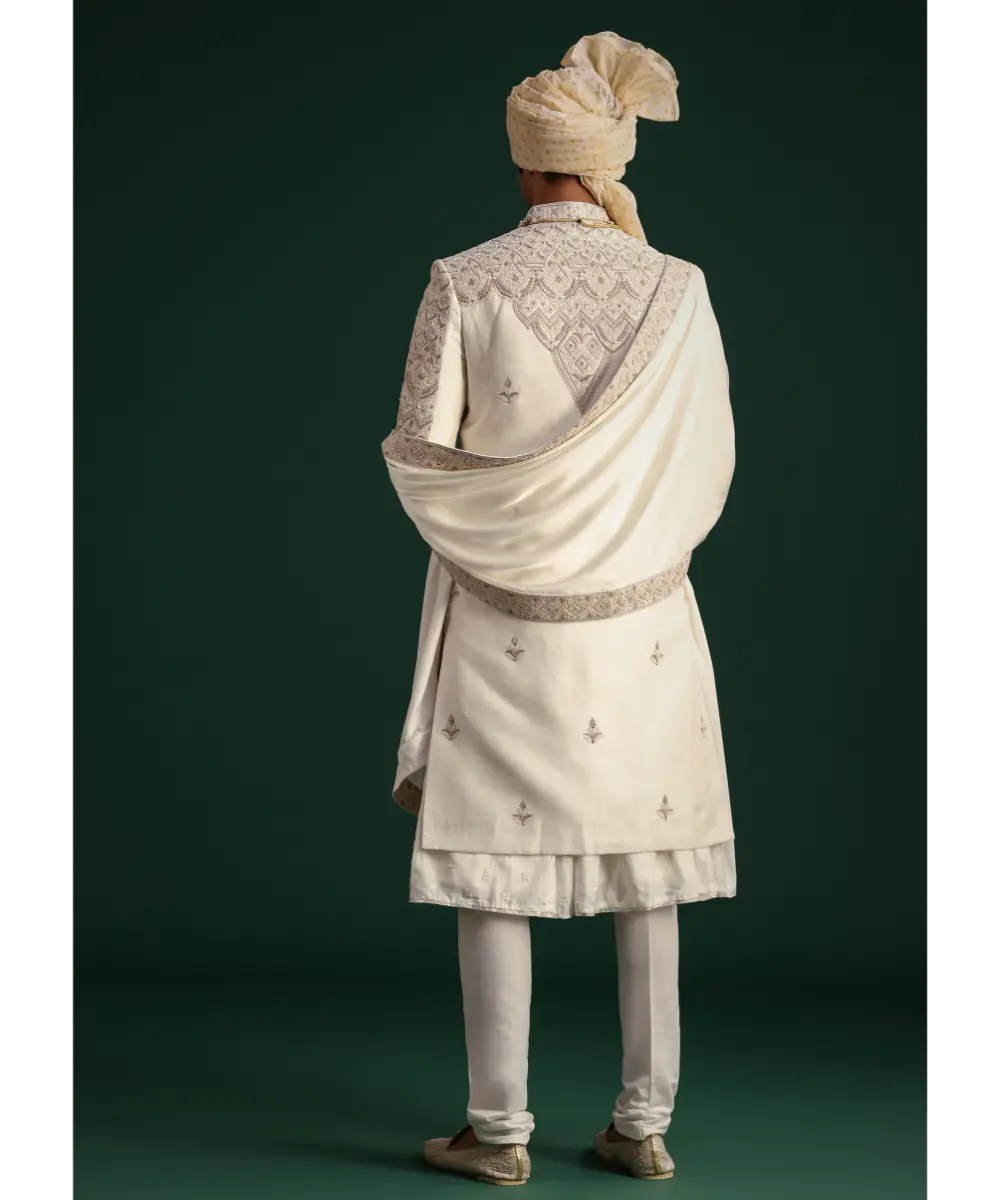 KALKI - Off White Silk Threadwork Sherwani Suit With Dupatta And Mala