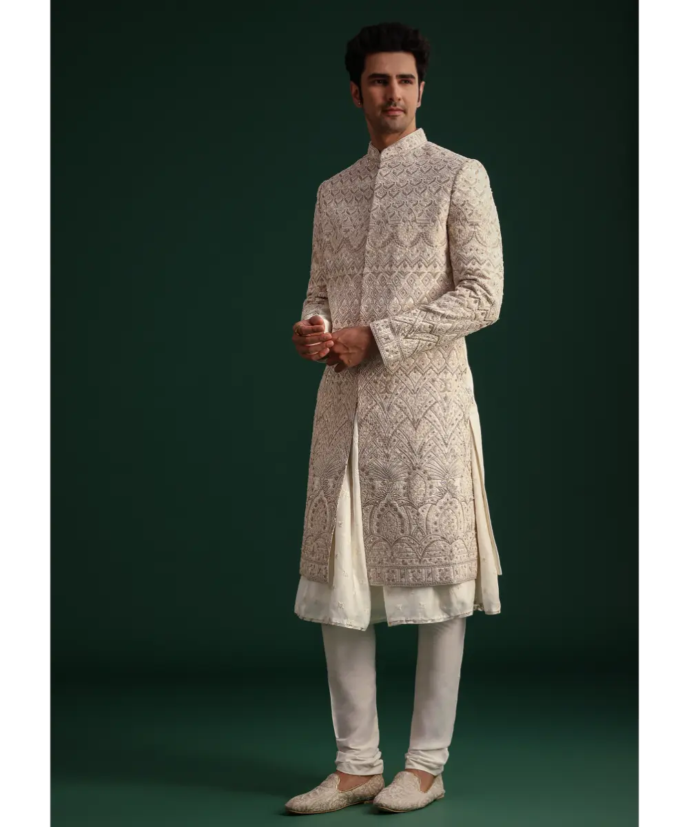 KALKI - Off White Silk Threadwork Sherwani Suit With Dupatta And Mala