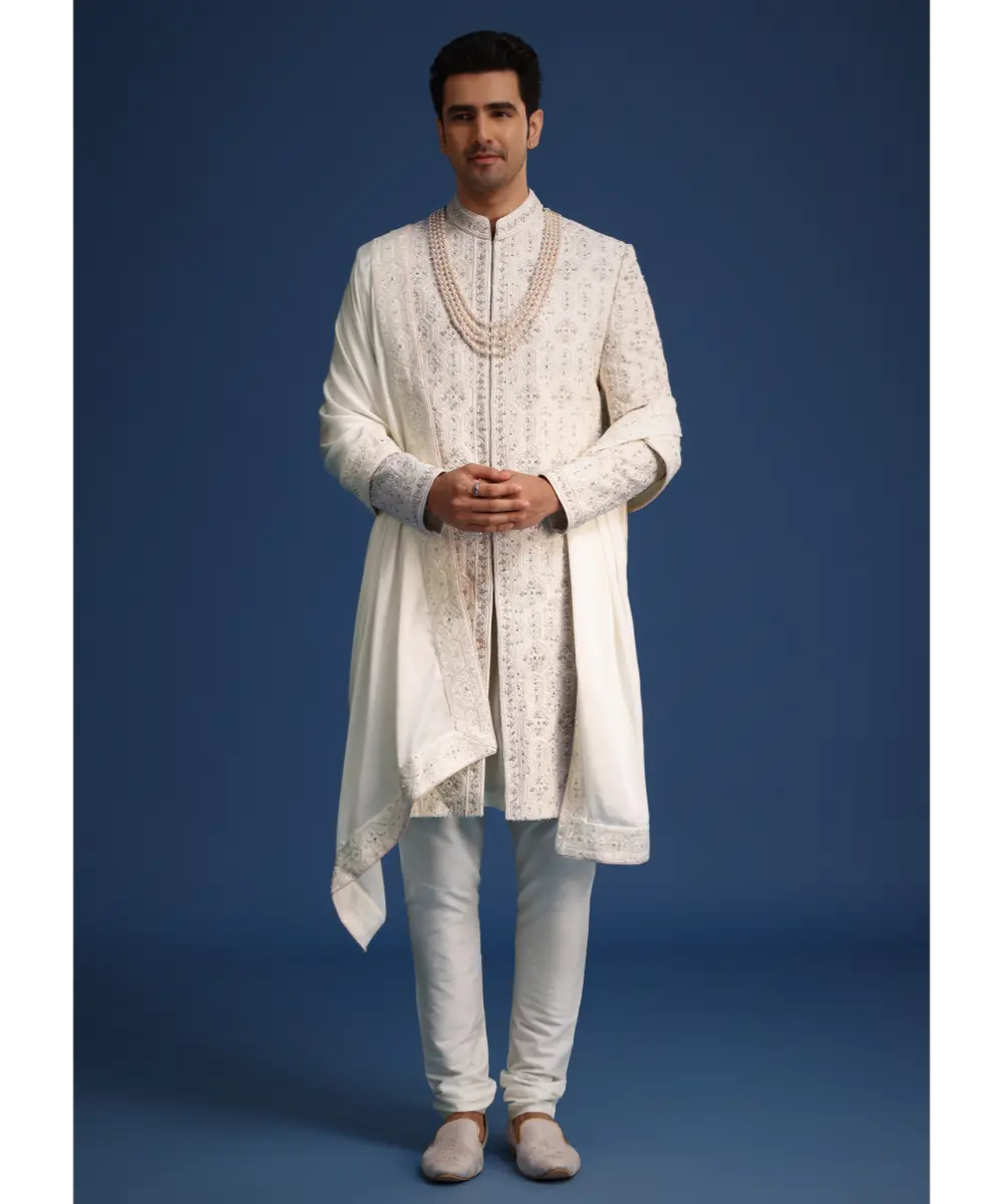 KALKI - Off White Lucknowi Sherwani Set With Sequin Work
