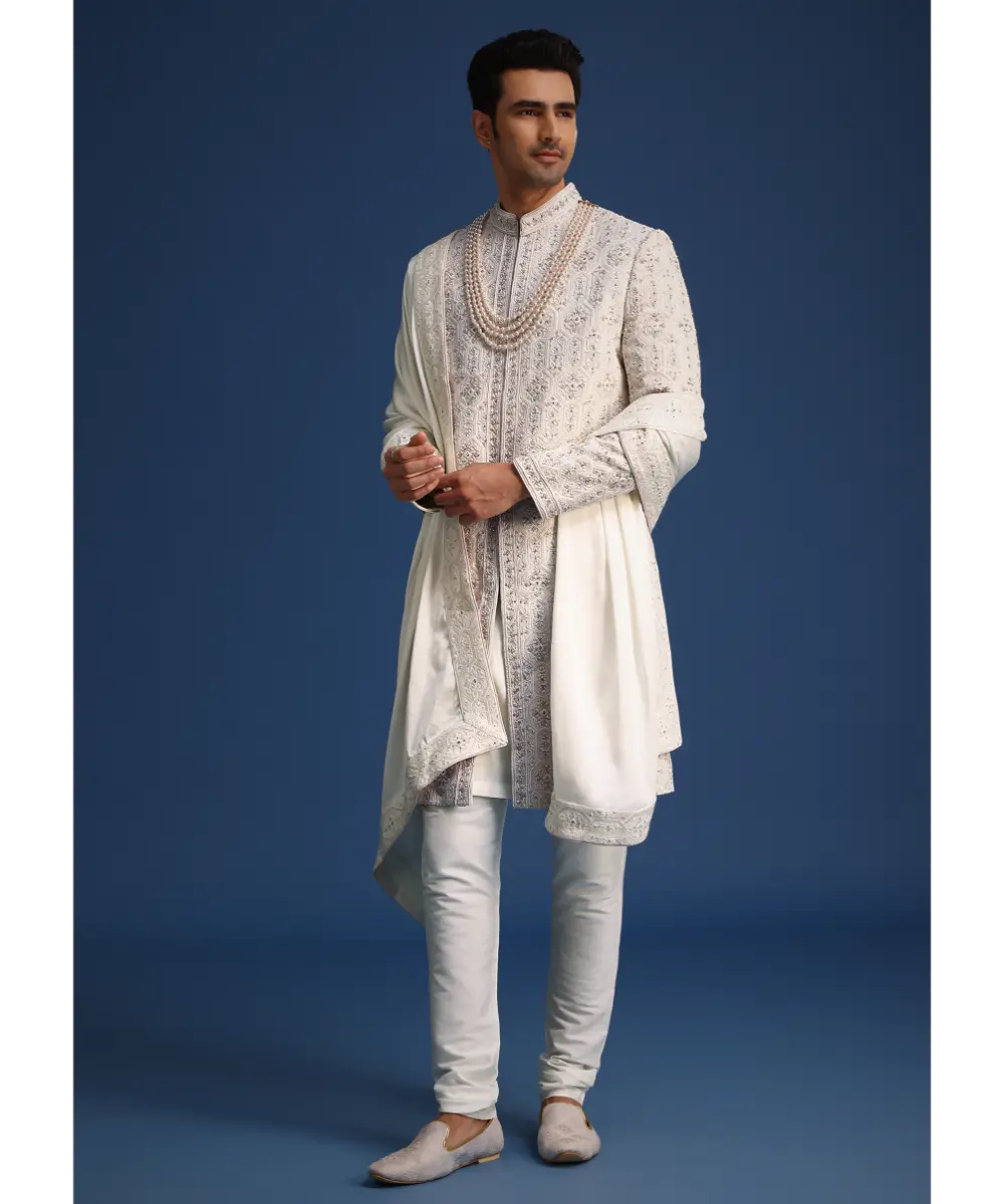 KALKI - Off White Lucknowi Sherwani Set With Sequin Work