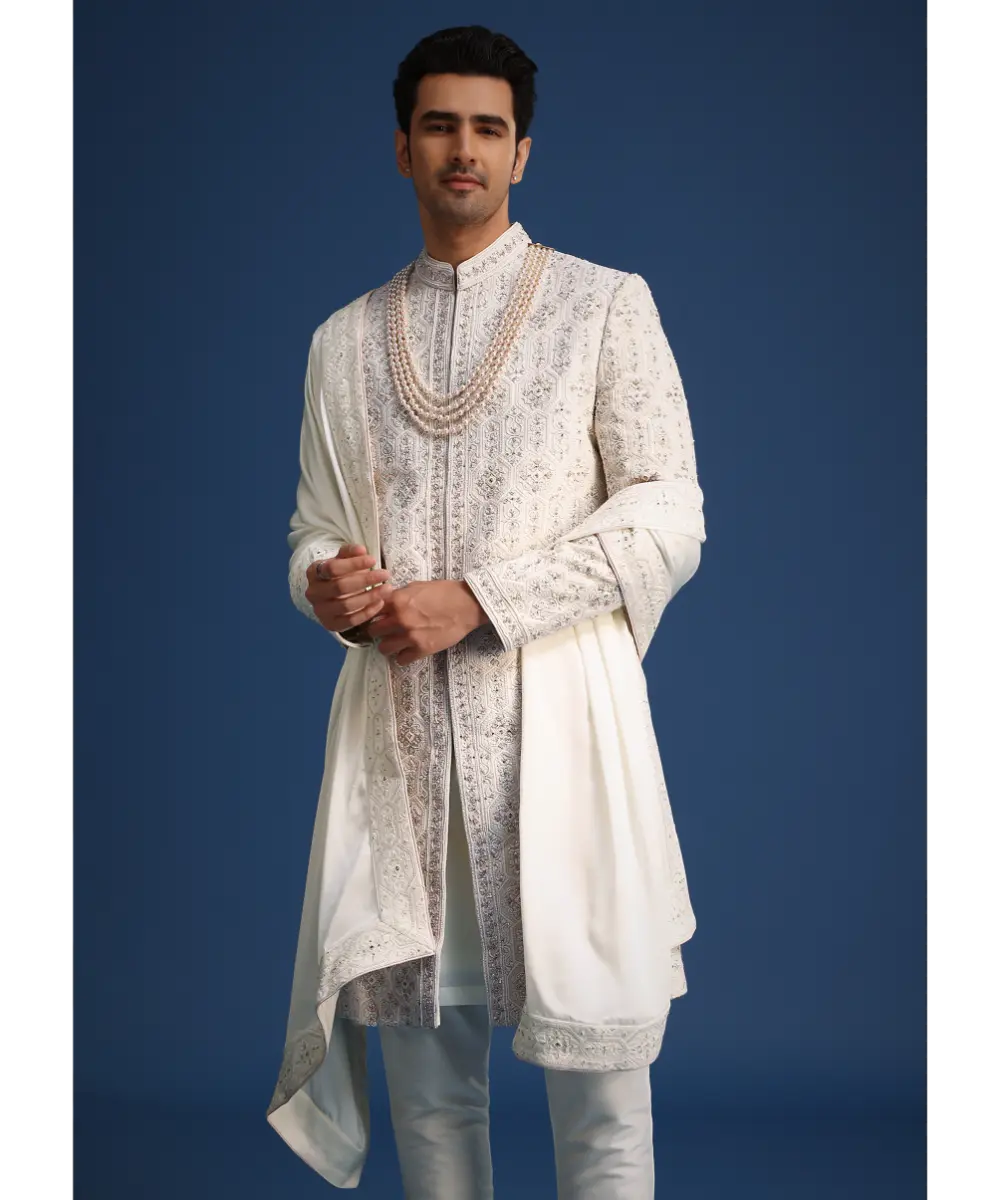 KALKI - Off White Lucknowi Sherwani Set With Sequin Work