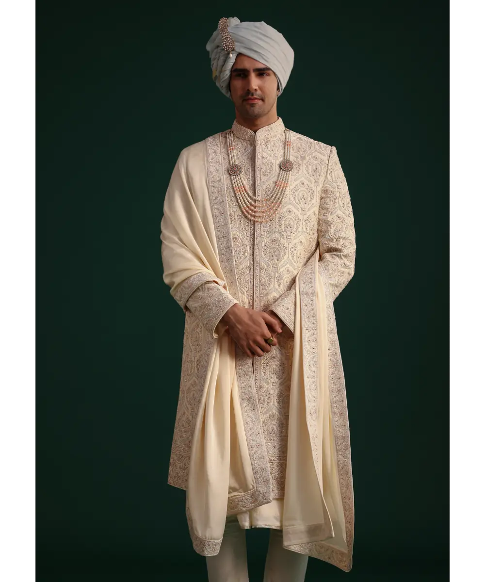 KALKI - Gold Silk Zari Embroidered Sherwani Suit With Dupatta And Mala