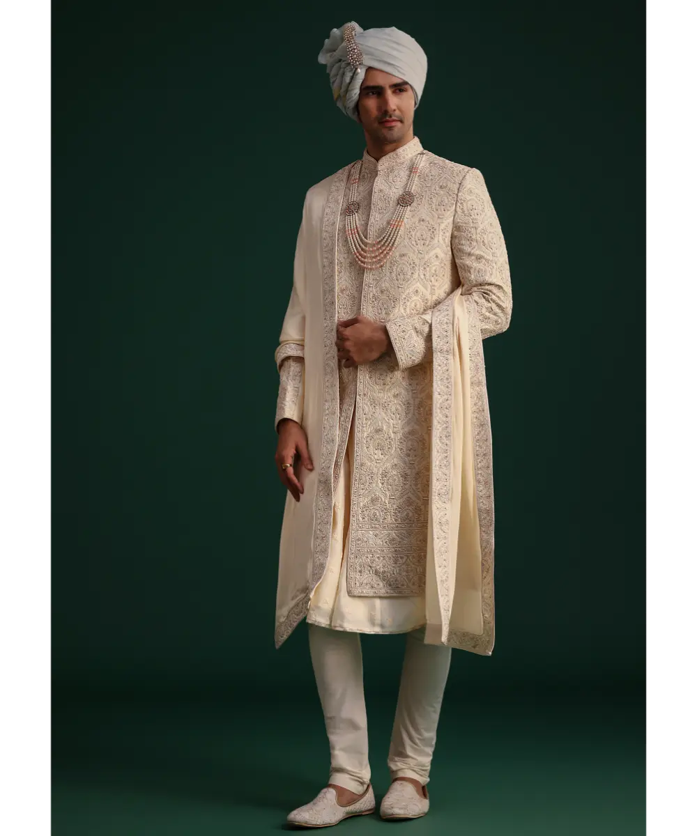 KALKI - Gold Silk Zari Embroidered Sherwani Suit With Dupatta And Mala