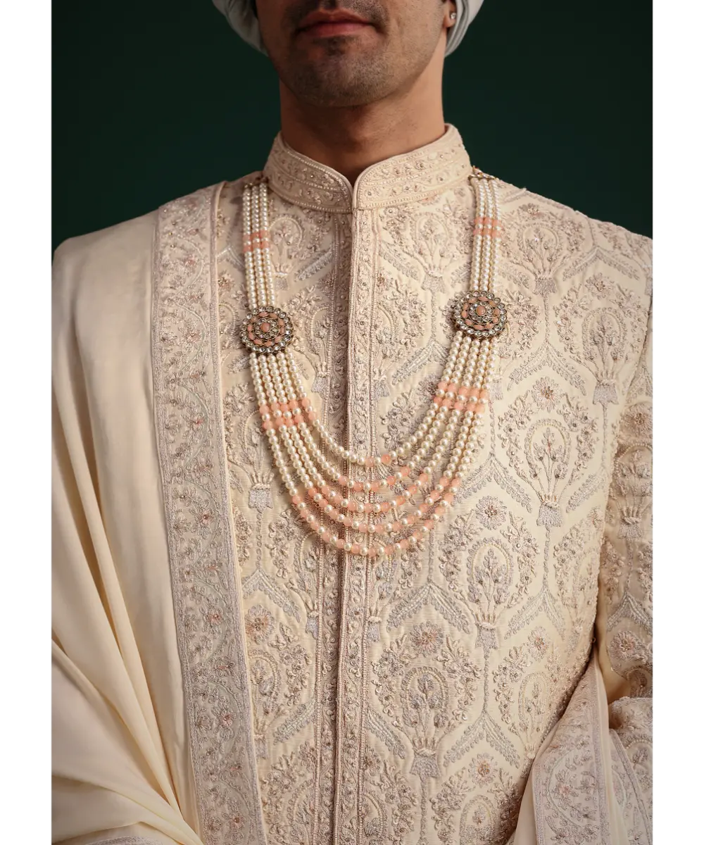 KALKI - Gold Silk Zari Embroidered Sherwani Suit With Dupatta And Mala