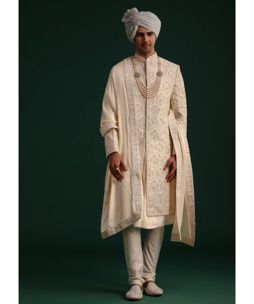 KALKI - Gold Silk Zari Embroidered Sherwani Suit With Dupatta And Mala