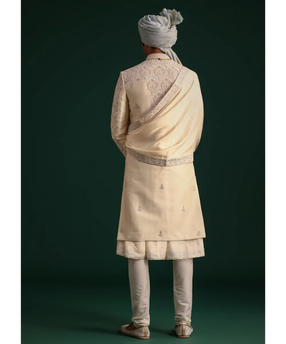 KALKI - Gold Silk Zari Embroidered Sherwani Suit With Dupatta And Mala