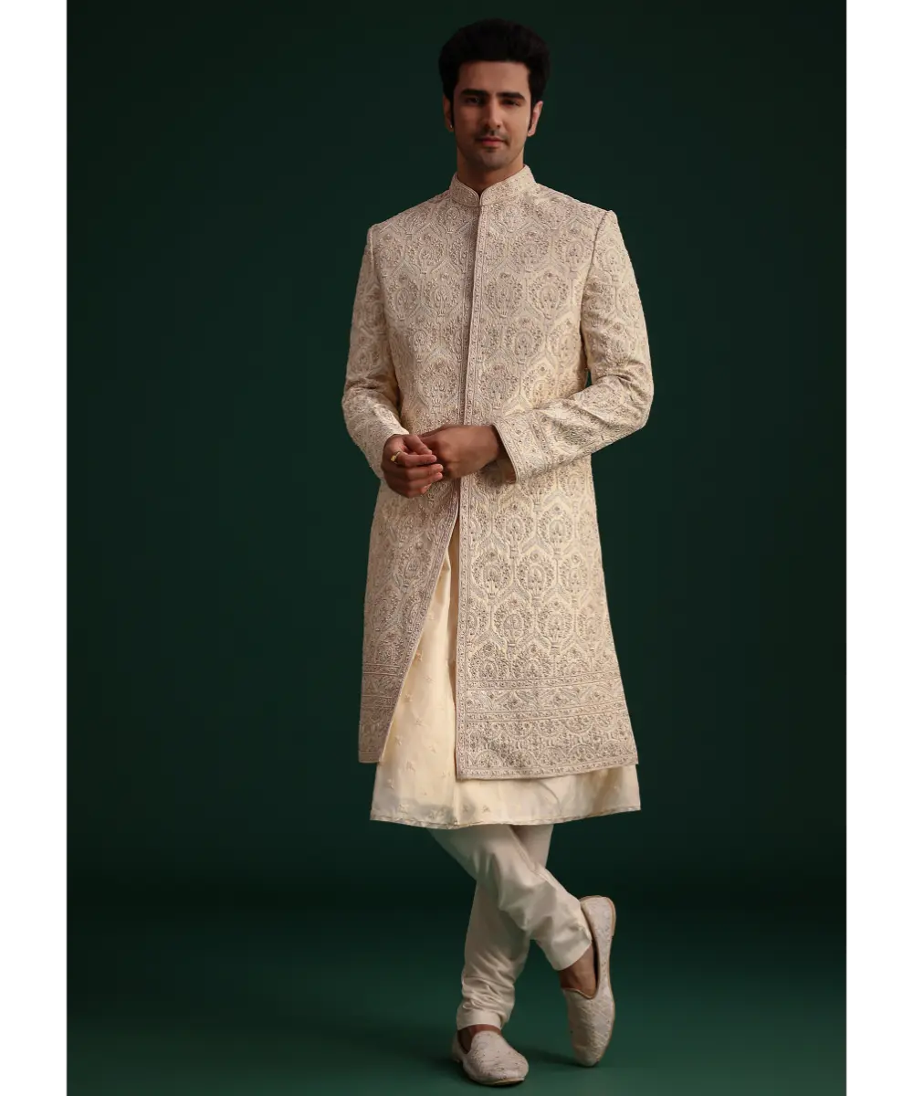 KALKI - Gold Silk Zari Embroidered Sherwani Suit With Dupatta And Mala