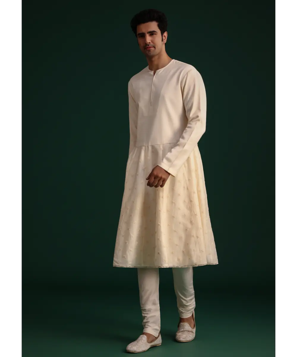 KALKI - Gold Silk Zari Embroidered Sherwani Suit With Dupatta And Mala
