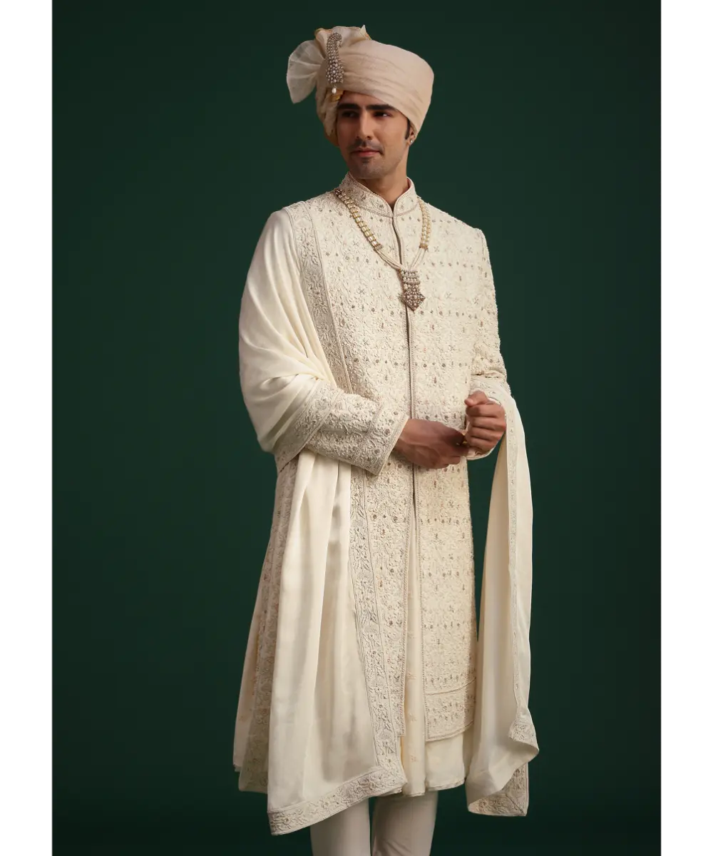 KALKI - Gold Zari Embroidered Sherwani With Anarkali Kurta And Dupatta