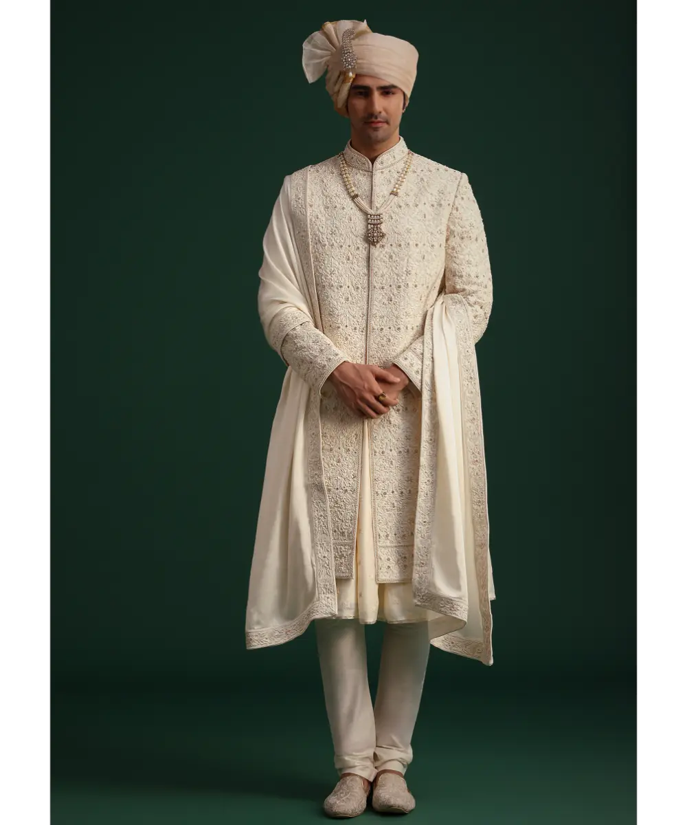 KALKI - Gold Zari Embroidered Sherwani With Anarkali Kurta And Dupatta