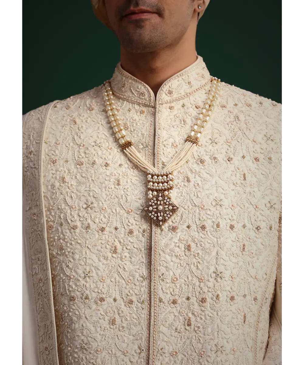 KALKI - Gold Zari Embroidered Sherwani With Anarkali Kurta And Dupatta