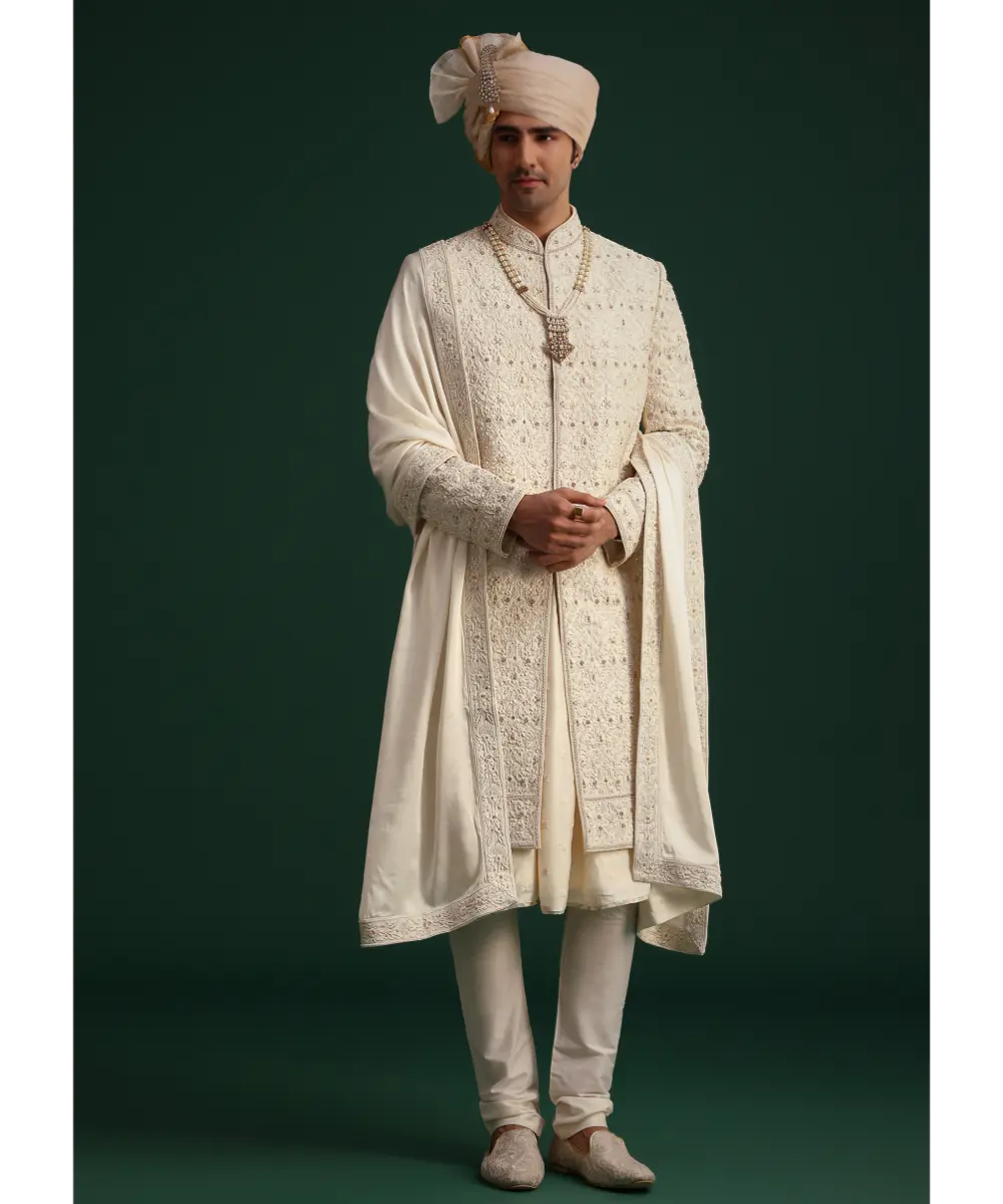 KALKI - Gold Zari Embroidered Sherwani With Anarkali Kurta And Dupatta