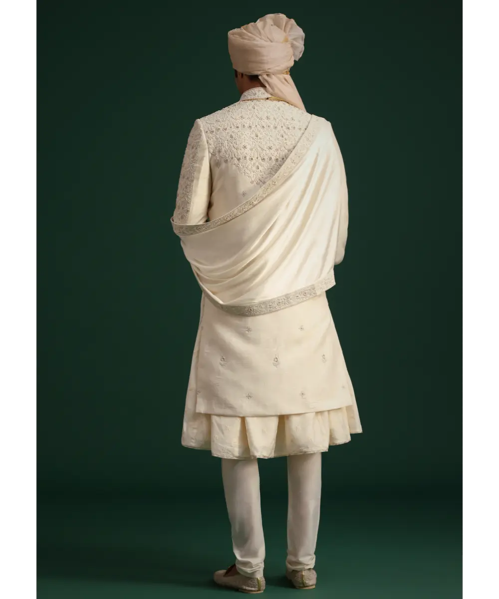 KALKI - Gold Zari Embroidered Sherwani With Anarkali Kurta And Dupatta