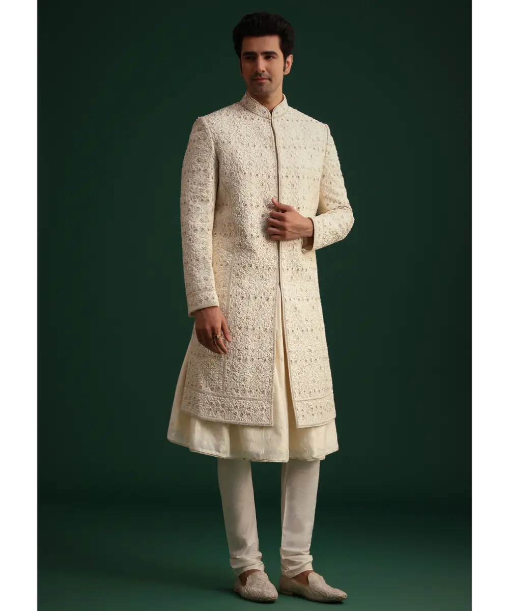 KALKI - Gold Zari Embroidered Sherwani With Anarkali Kurta And Dupatta