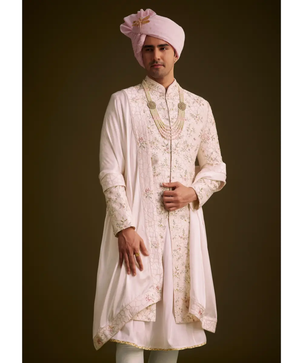 KALKI - Pink Floral Embroidered Sherwani With Pearl Detailing