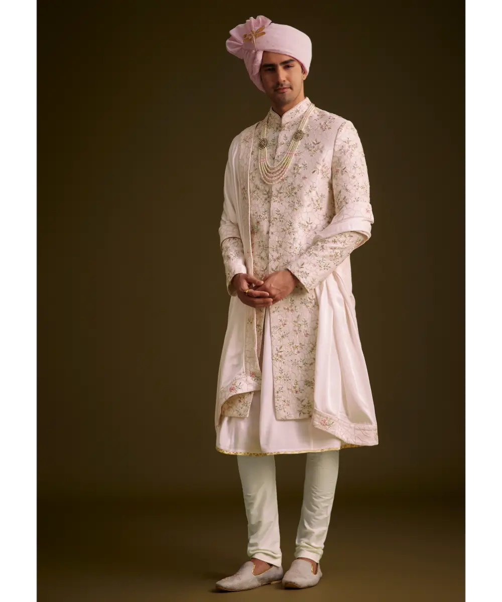 KALKI - Pink Floral Embroidered Sherwani With Pearl Detailing