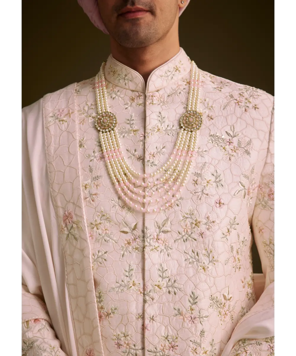 KALKI - Pink Floral Embroidered Sherwani With Pearl Detailing
