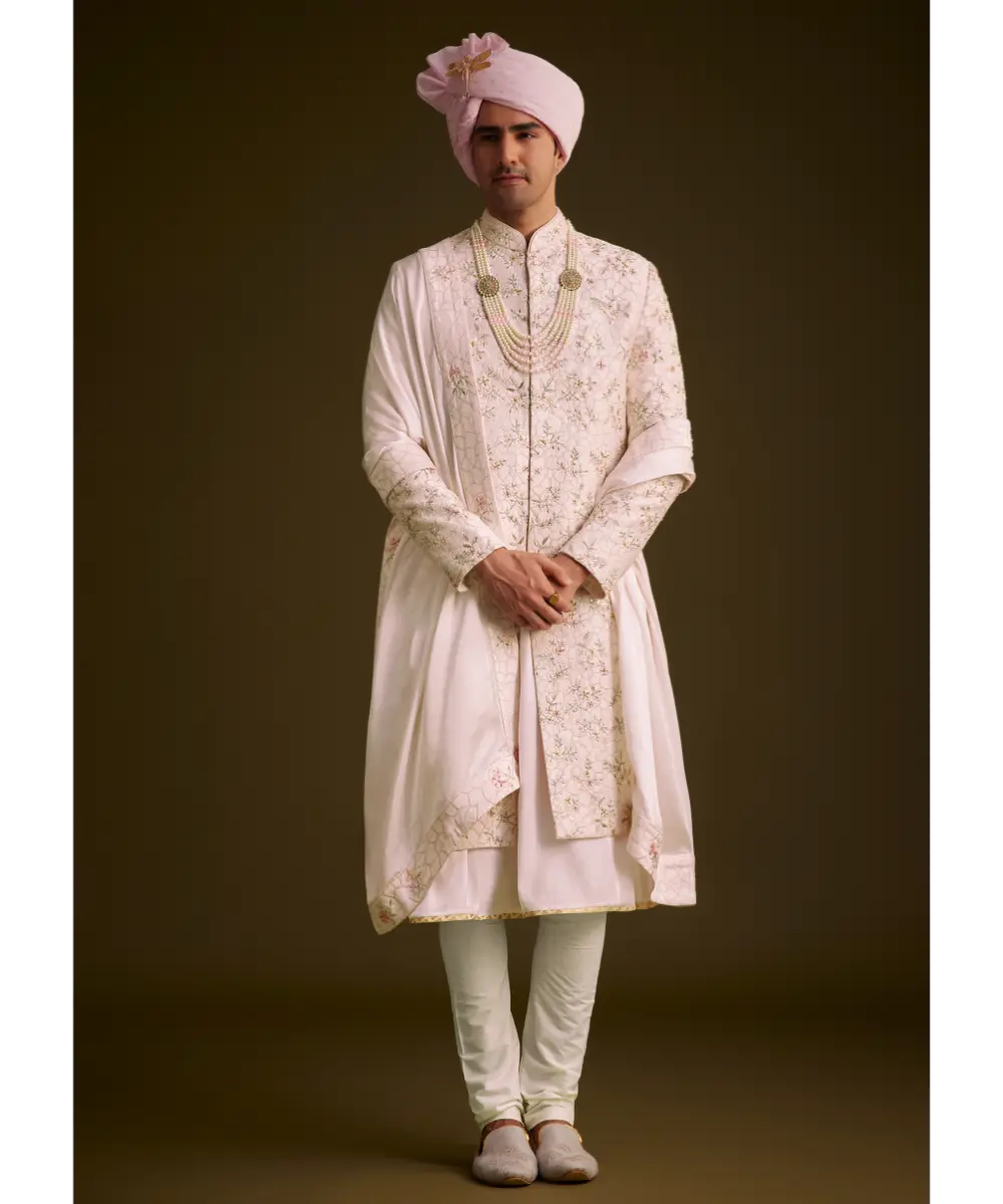 KALKI - Pink Floral Embroidered Sherwani With Pearl Detailing
