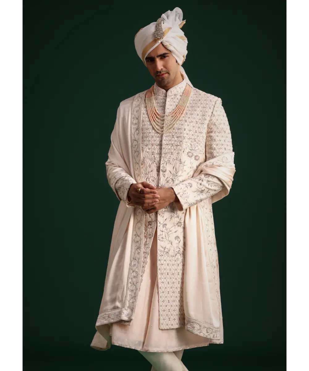 KALKI - Peach Silk Zari Embroidered Sherwani Suit With Mala And Dupatta