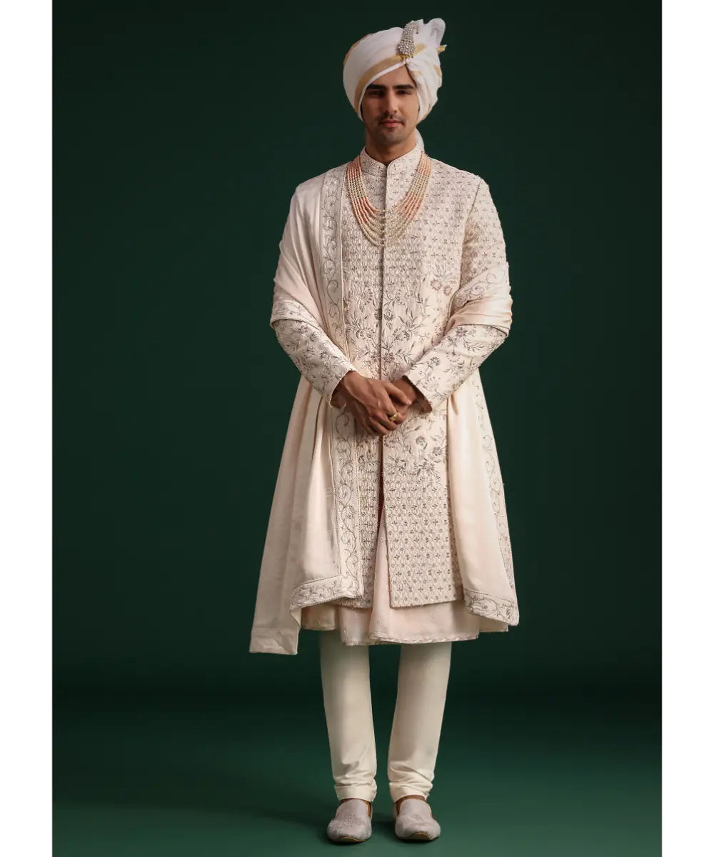 KALKI - Peach Silk Zari Embroidered Sherwani Suit With Mala And Dupatta
