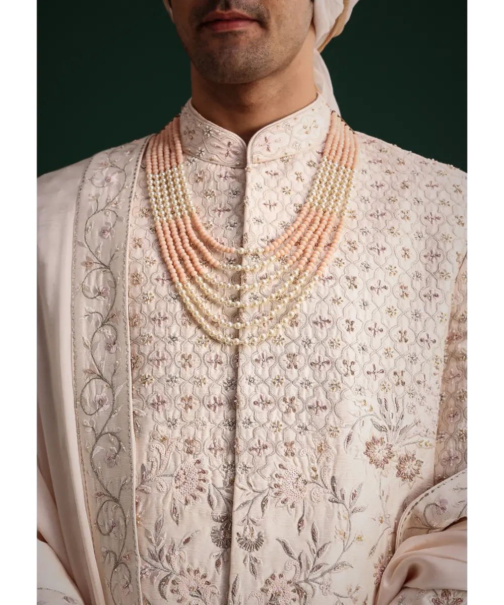 KALKI - Peach Silk Zari Embroidered Sherwani Suit With Mala And Dupatta