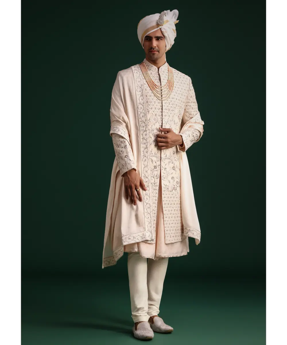 KALKI - Peach Silk Zari Embroidered Sherwani Suit With Mala And Dupatta