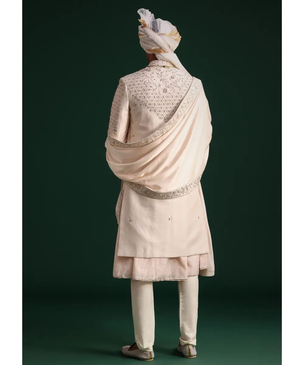 KALKI - Peach Silk Zari Embroidered Sherwani Suit With Mala And Dupatta