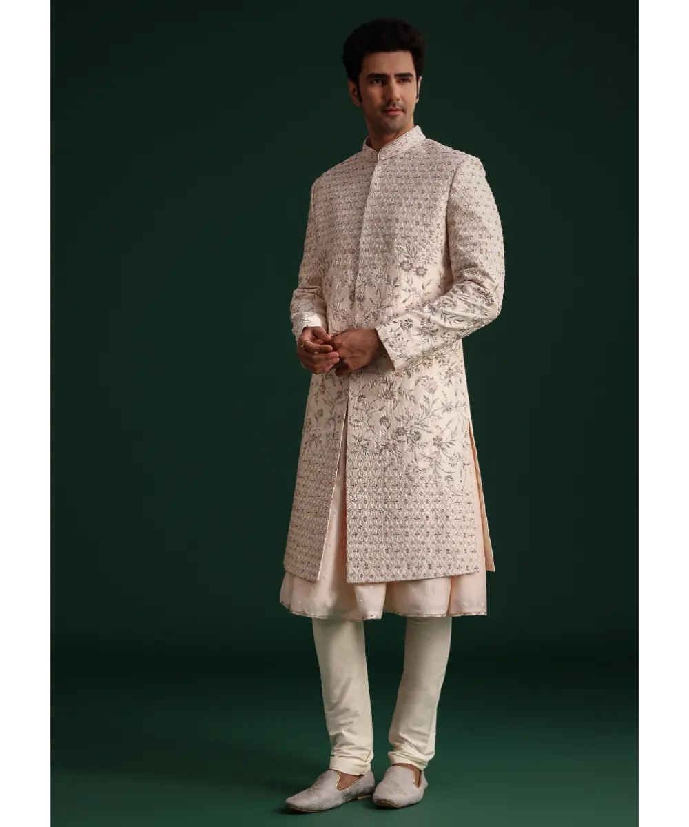 KALKI - Peach Silk Zari Embroidered Sherwani Suit With Mala And Dupatta