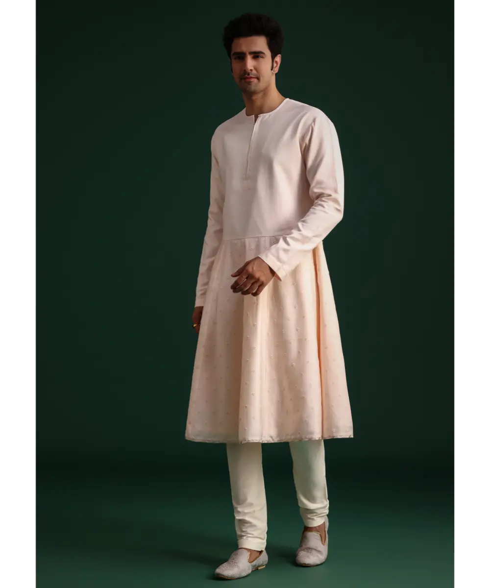 KALKI - Peach Silk Zari Embroidered Sherwani Suit With Mala And Dupatta