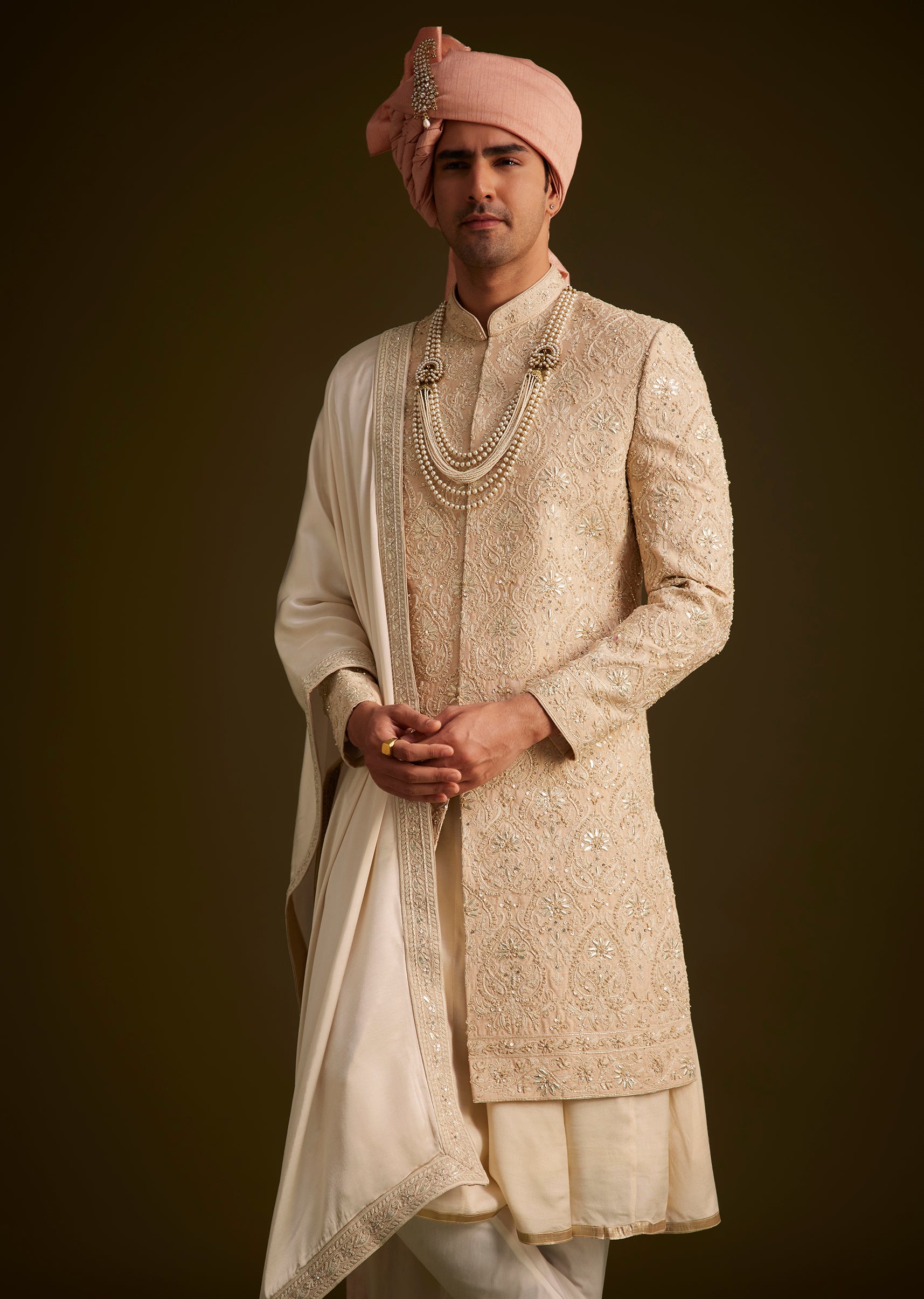 KALKI - Beige Gotta Work Embroidered Sherwani And Matching Dupatta