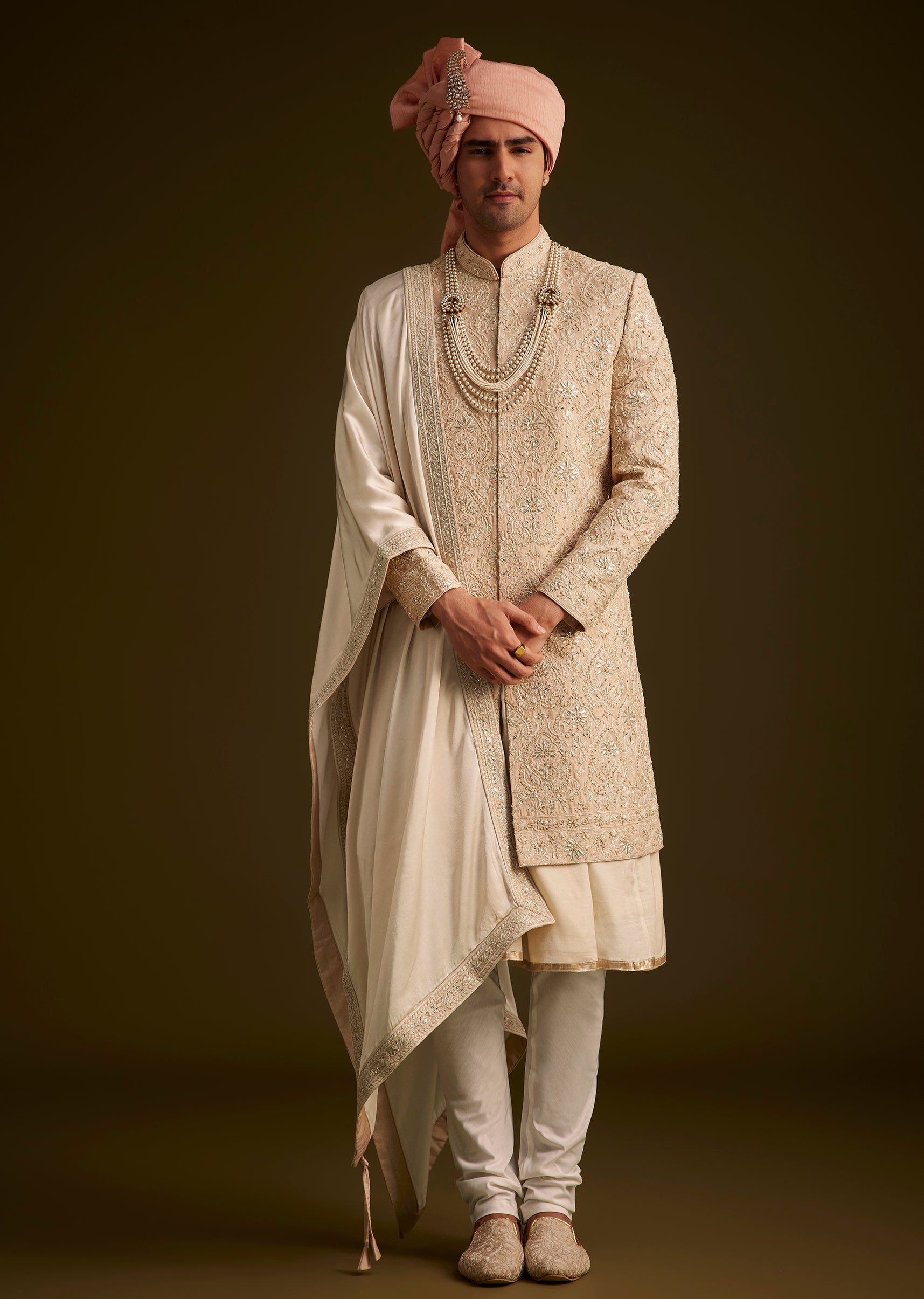 KALKI - Beige Gotta Work Embroidered Sherwani And Matching Dupatta