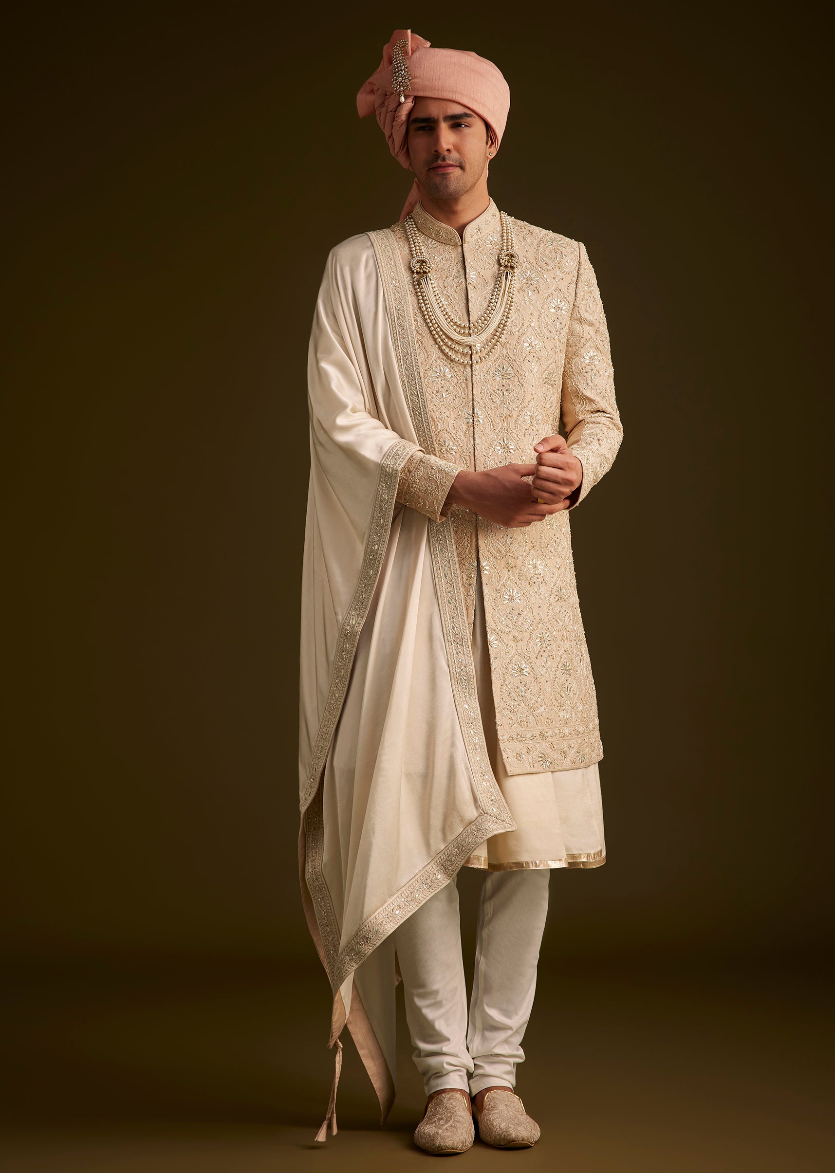 KALKI - Beige Gotta Work Embroidered Sherwani And Matching Dupatta