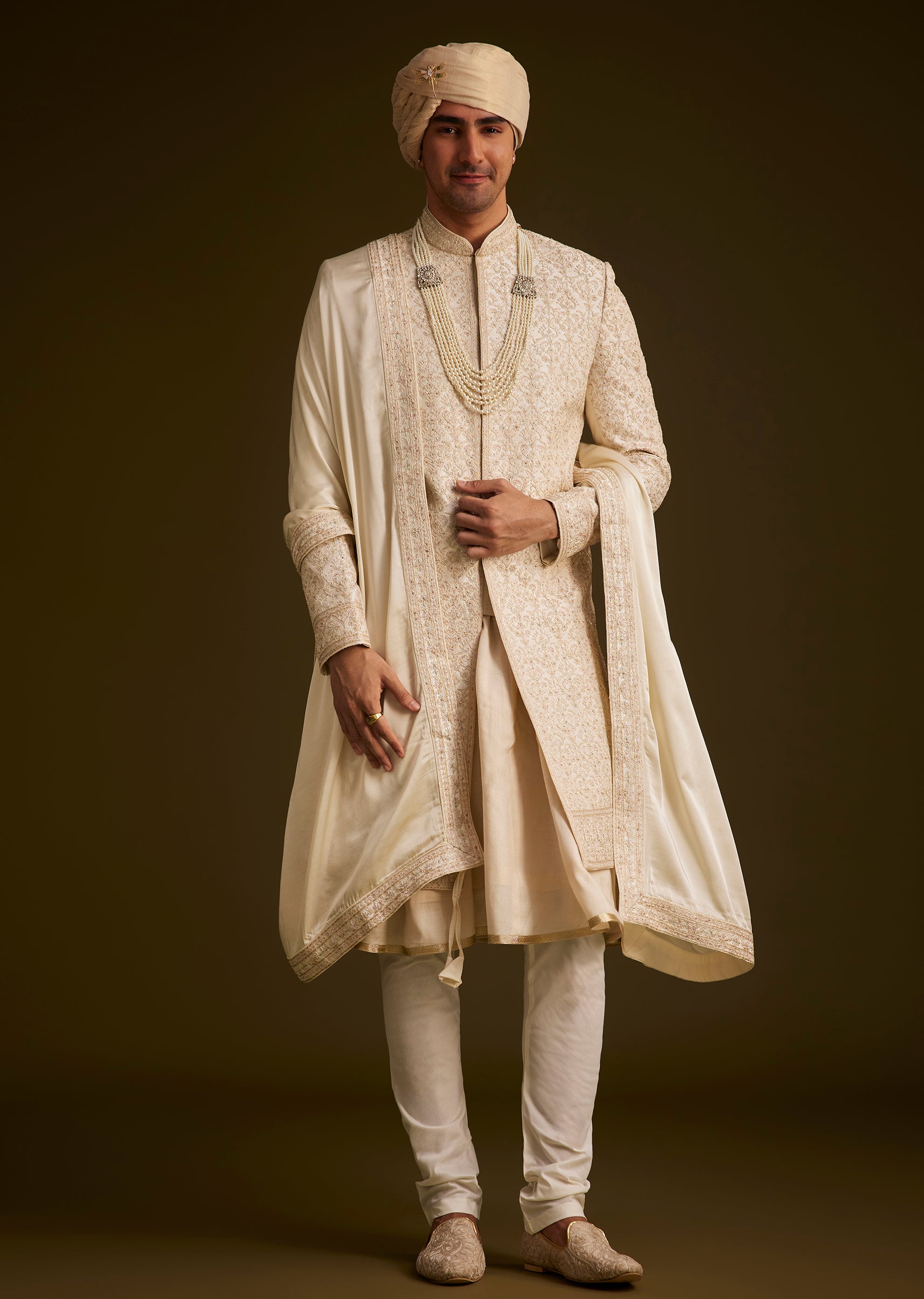 KALKI - Beige Resham Embroidered Sherwani With Elegant Dupatta