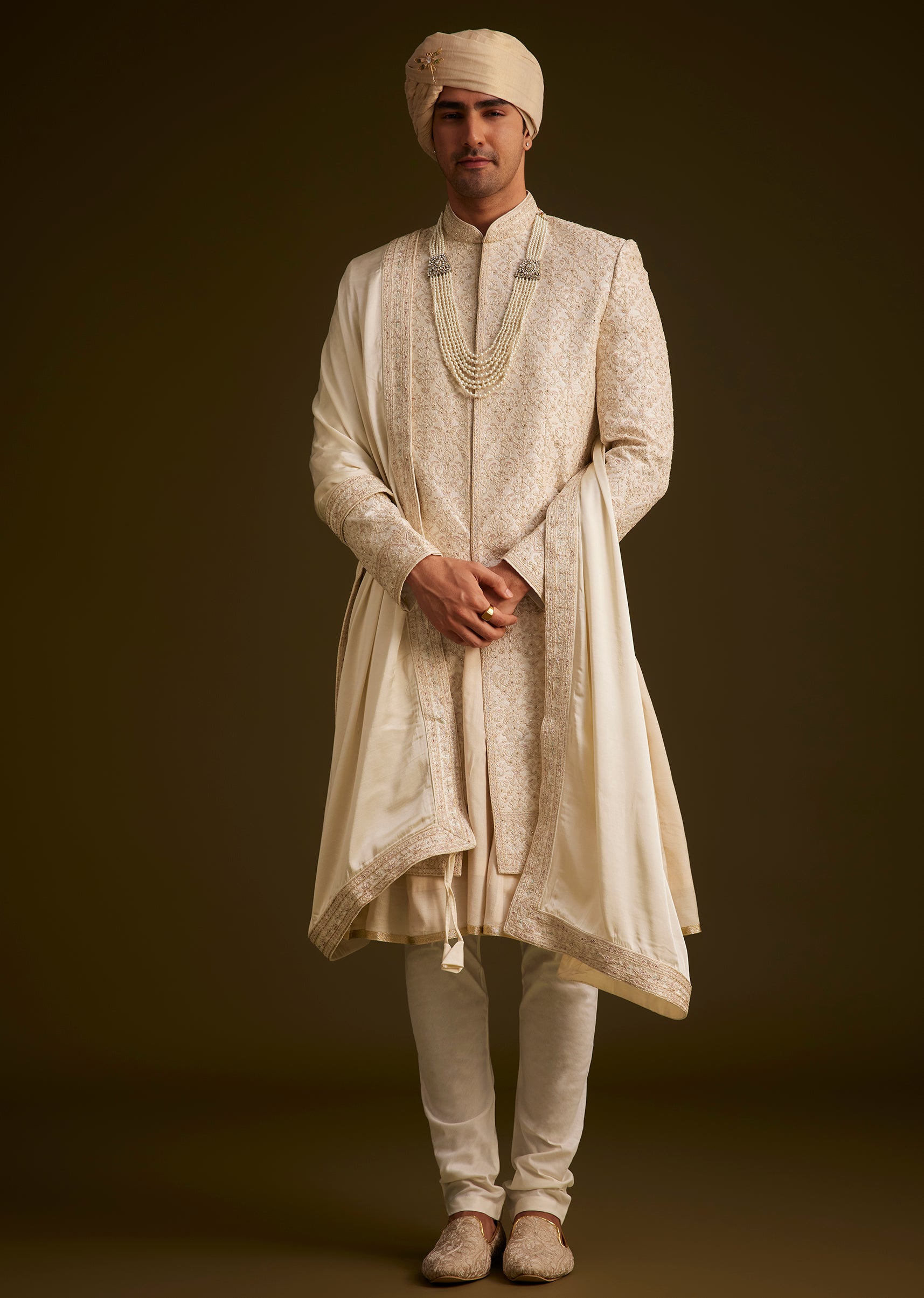 KALKI - Beige Resham Embroidered Sherwani With Elegant Dupatta