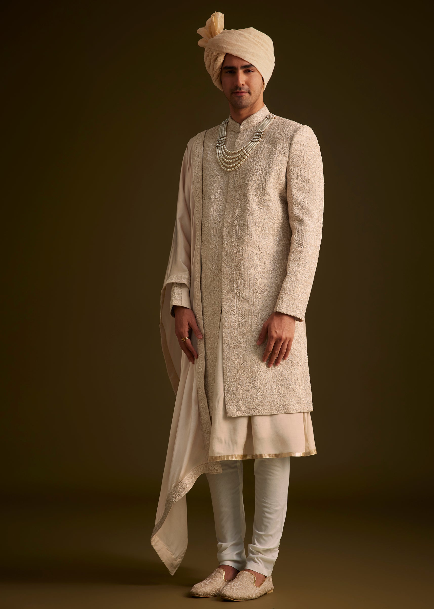KALKI - Beige Zardosi Embroidered Sherwani With Dupatta