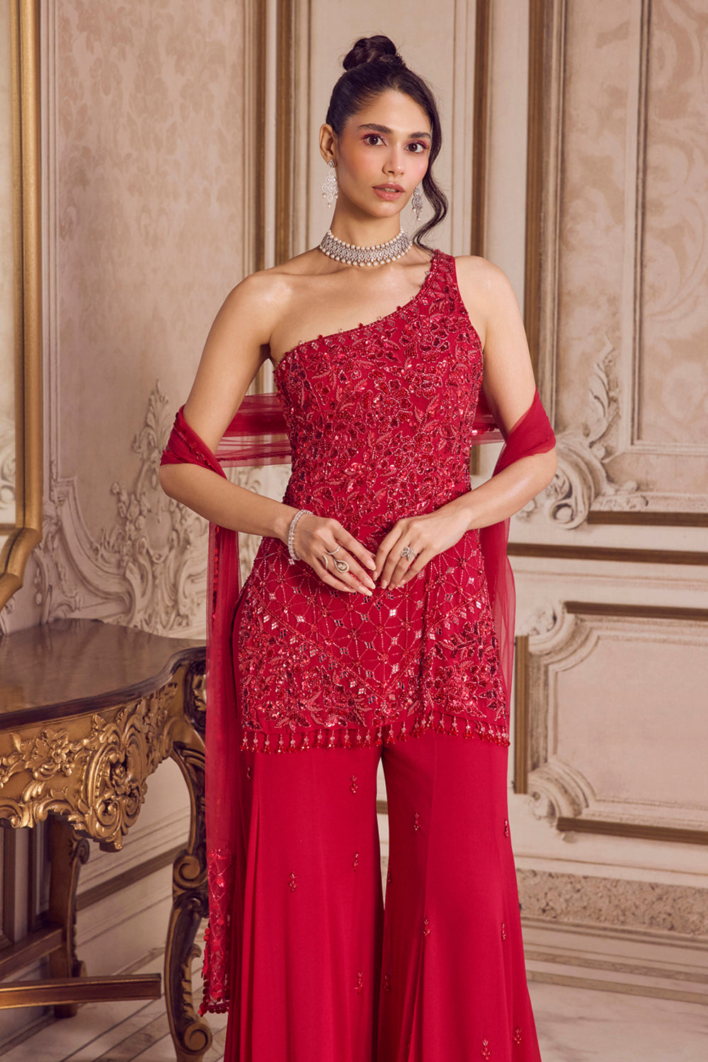 Sanya Gulati - Magenta One Shoulder Kurta and Pants Set from Param Sundari