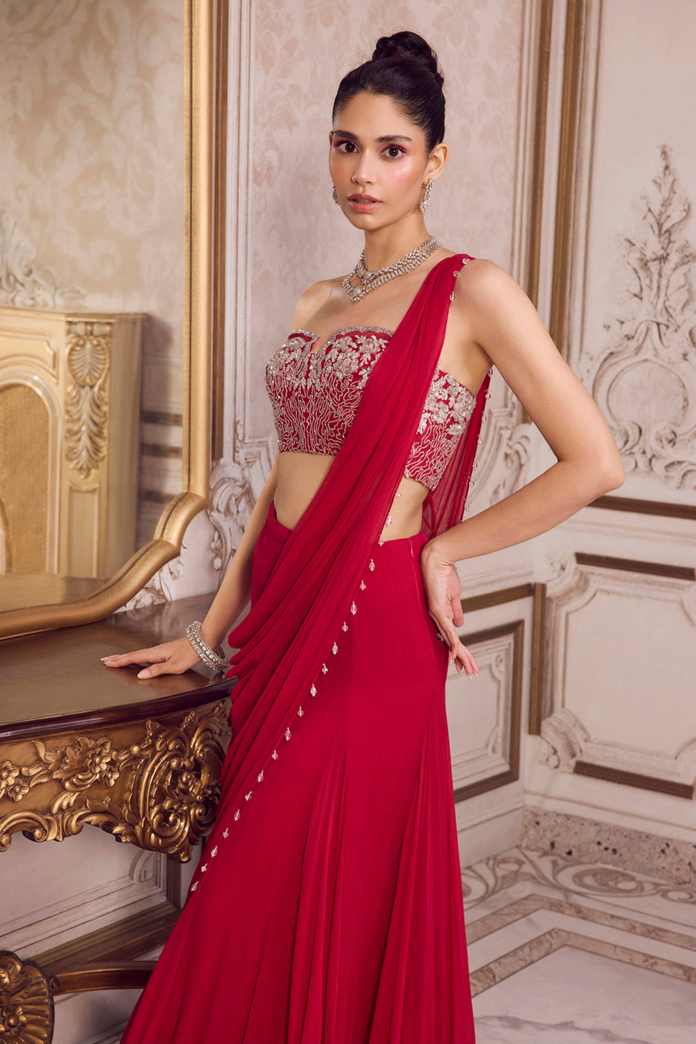 Sanya Gulati - Magenta Chiffon Saree With Corset from Param Sundari
