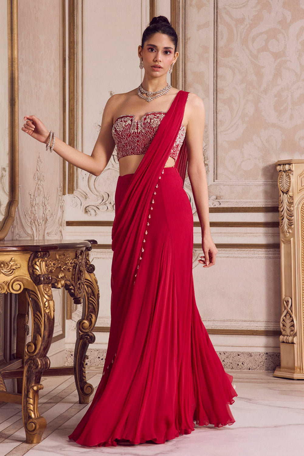 Sanya Gulati - Magenta Chiffon Saree With Corset from Param Sundari
