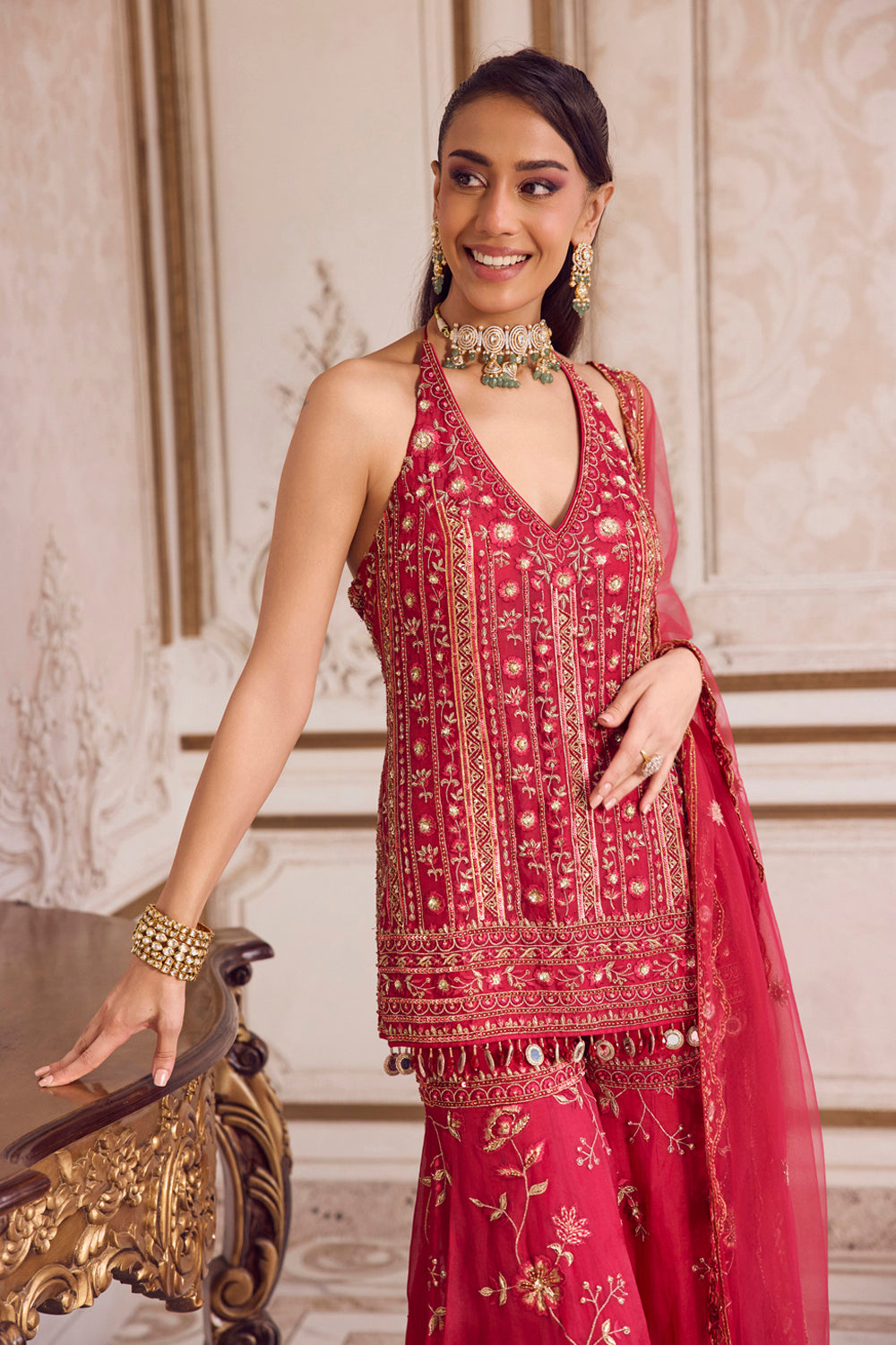 Sanya Gulati - Magenta Halter Neck Kurta and Sharara Set from Param Sundari