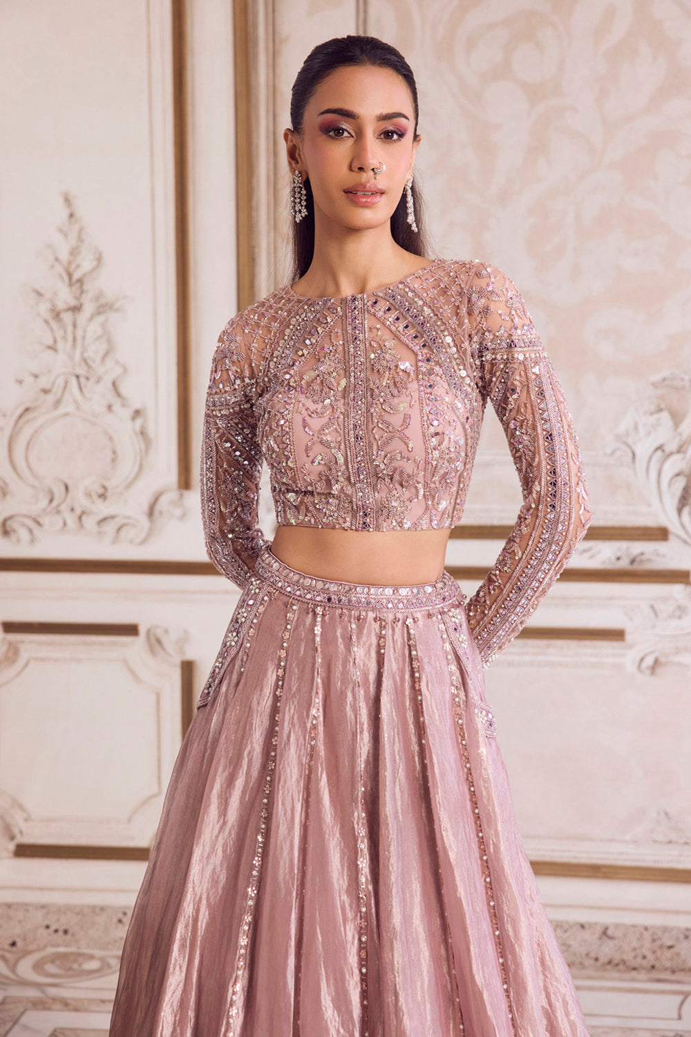Sanya Gulati - Champagne Rose Tissue Lehenga Set from Param Sundari