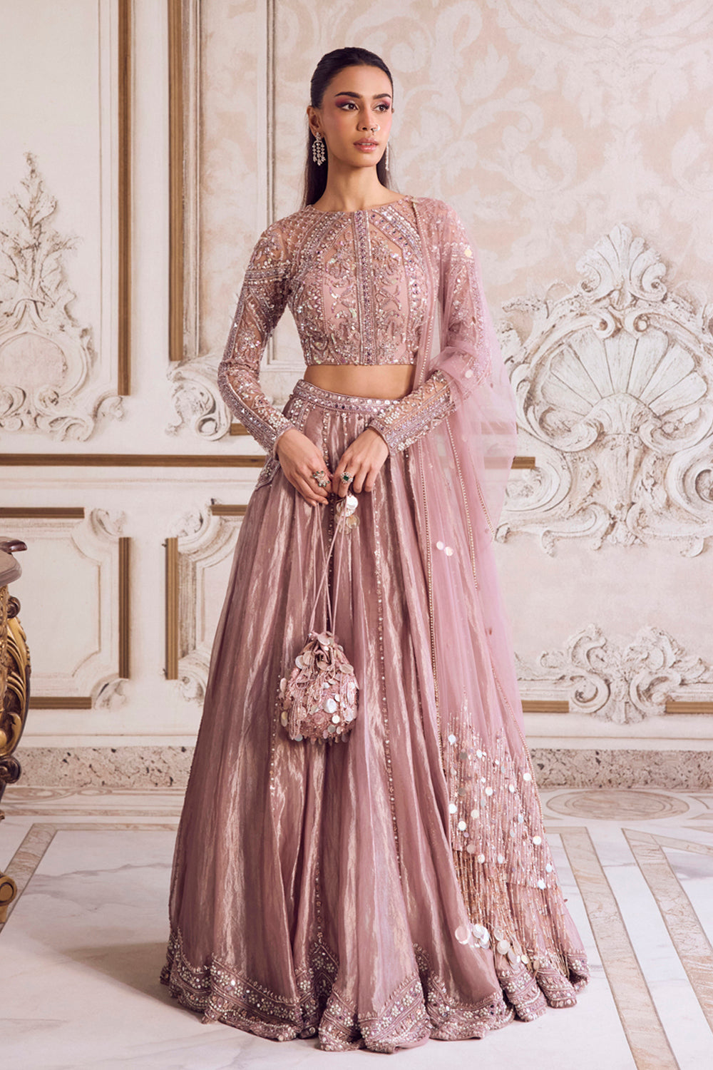 Sanya Gulati - Champagne Rose Tissue Lehenga Set from Param Sundari