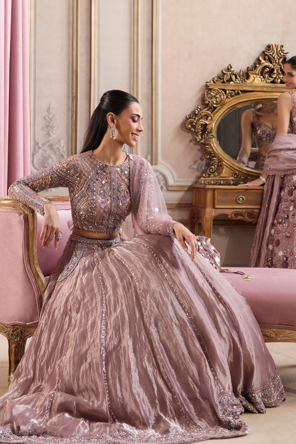 Sanya Gulati - Champagne Rose Tissue Lehenga Set from Param Sundari