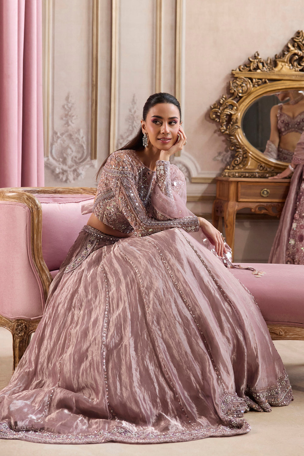Sanya Gulati - Champagne Rose Tissue Lehenga Set from Param Sundari