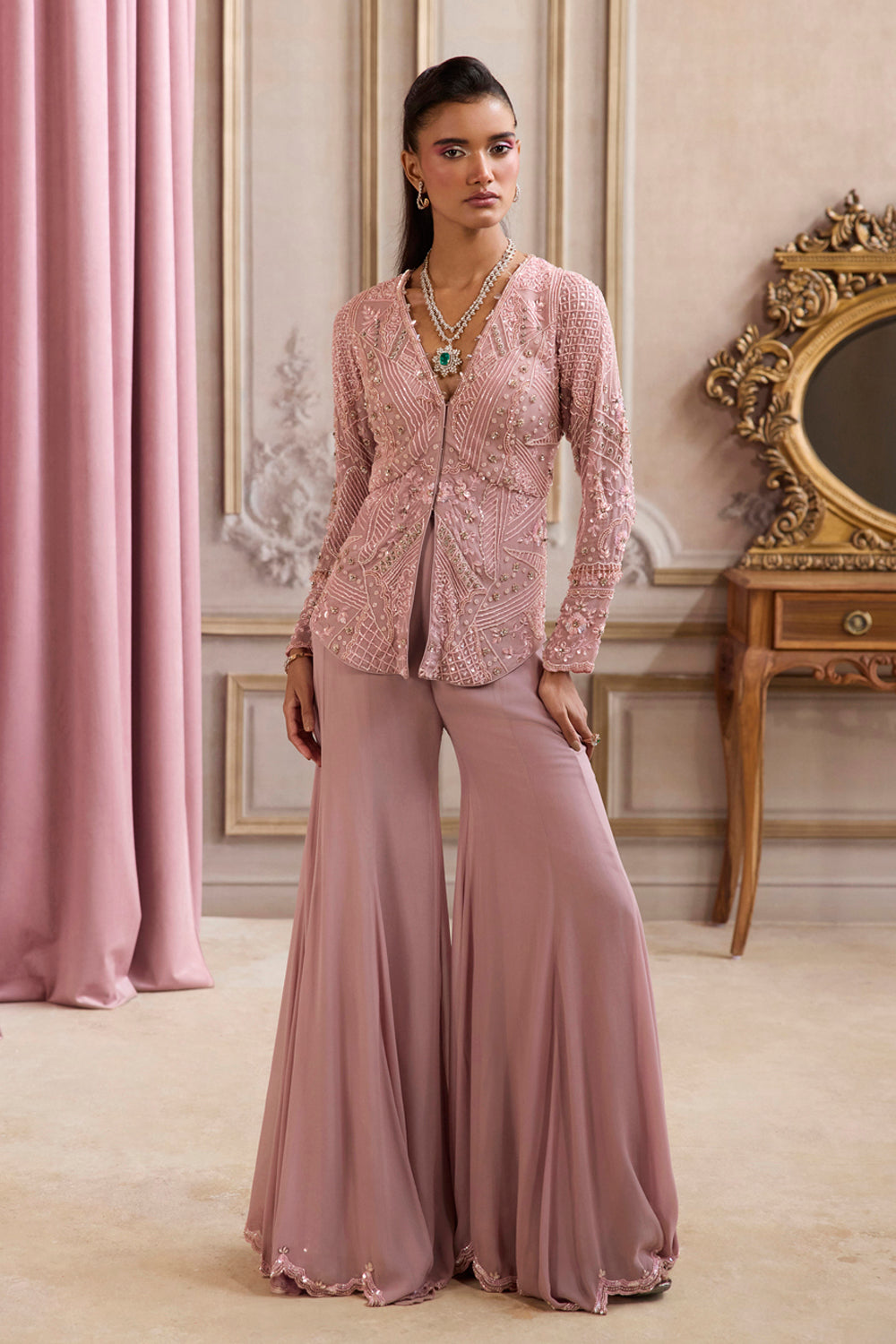 Sanya Gulati - Champagne Rose Peplum With Pants Set from Param Sundari