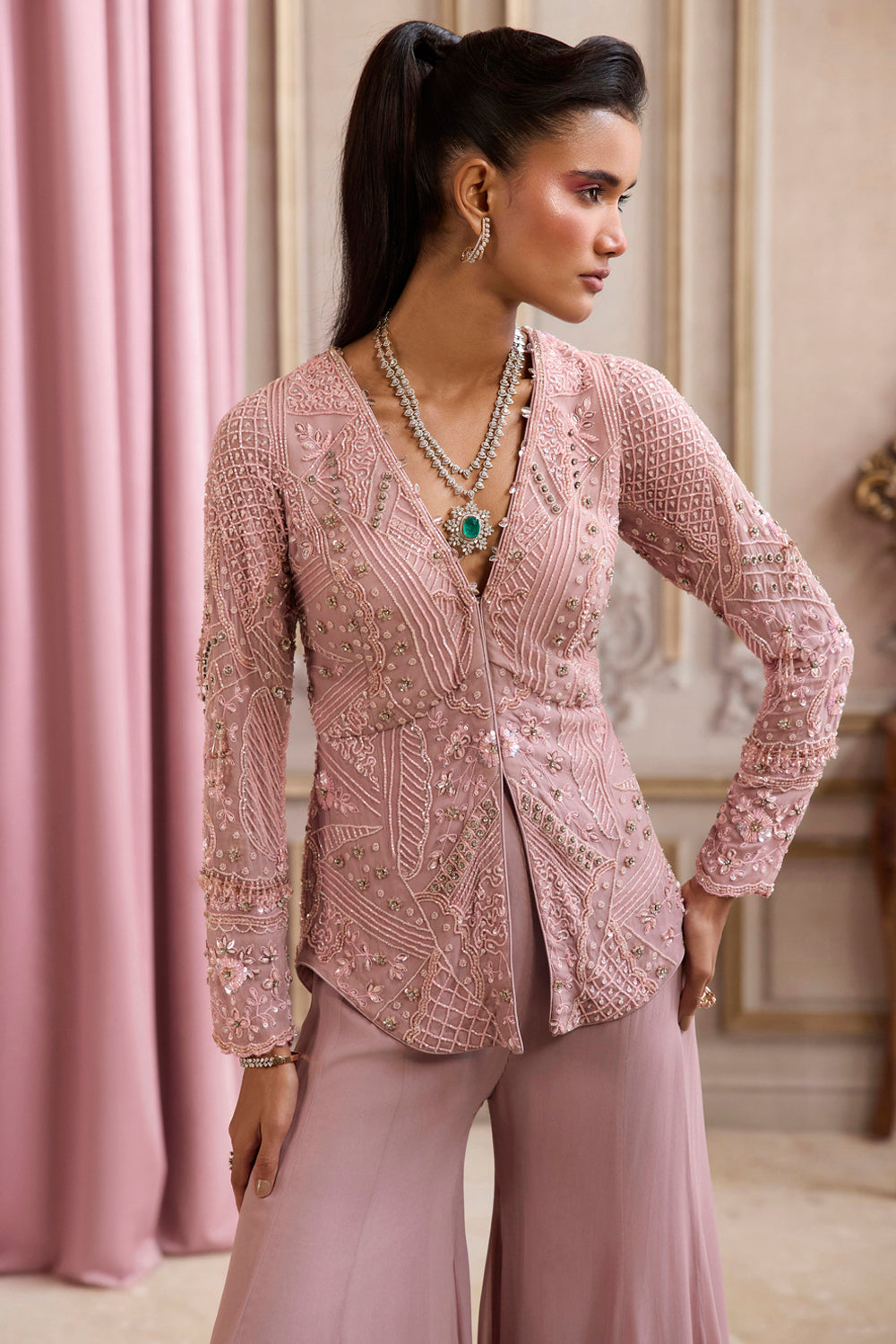 Sanya Gulati - Champagne Rose Peplum With Pants Set from Param Sundari